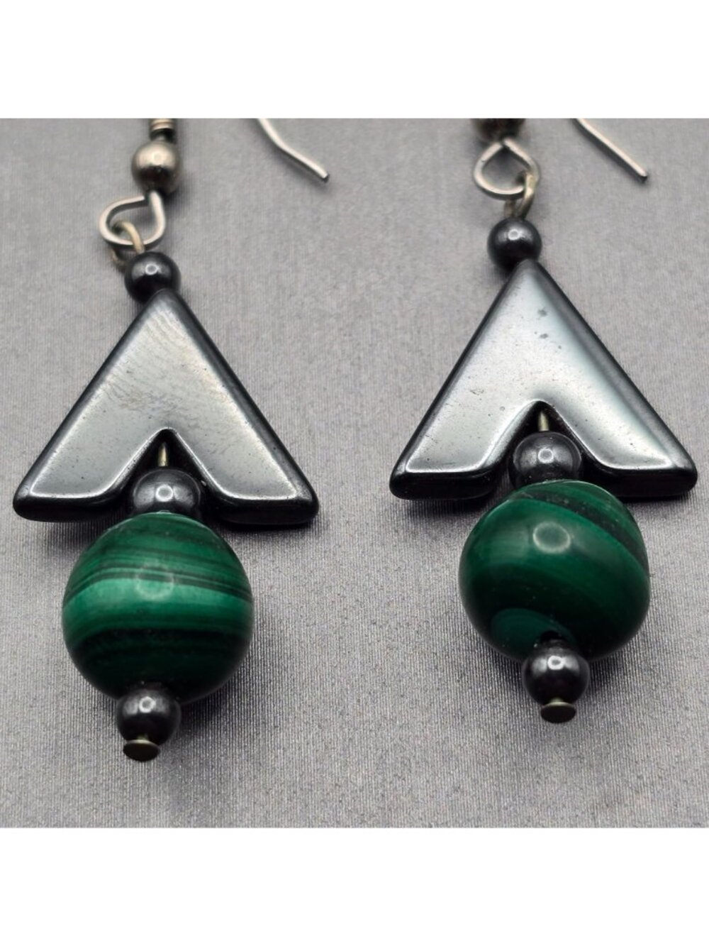 Vintage Malachite Hematite Arrowhead Drop Earrings Sterling Silver Boho Dangle - Picture 4 of 8